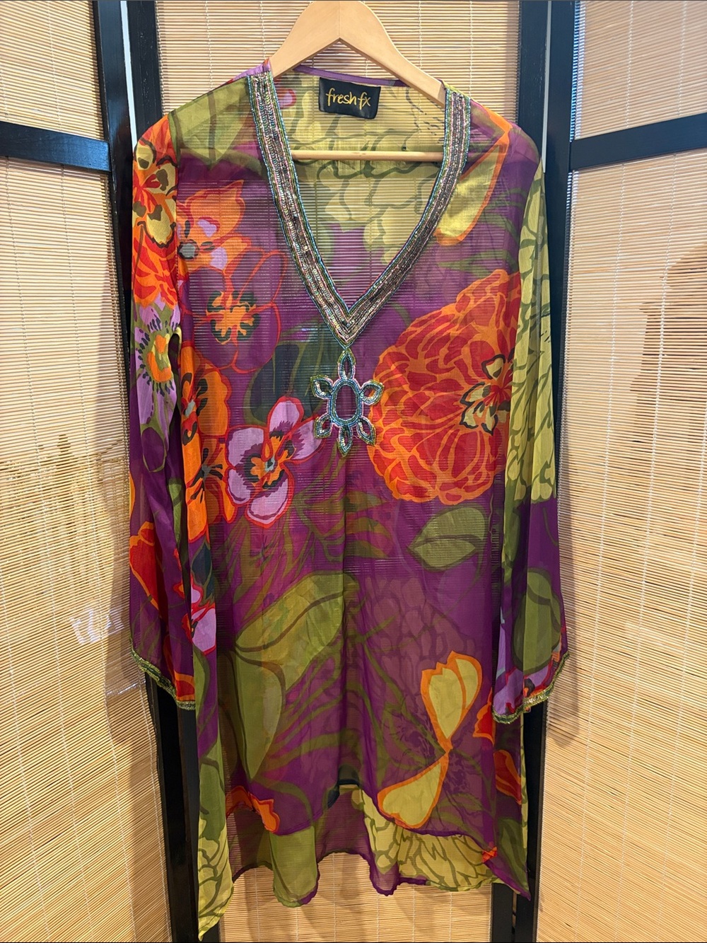 fresh Purple & Green Floral Sheer V-Neck Tunic with Beaded Pendant